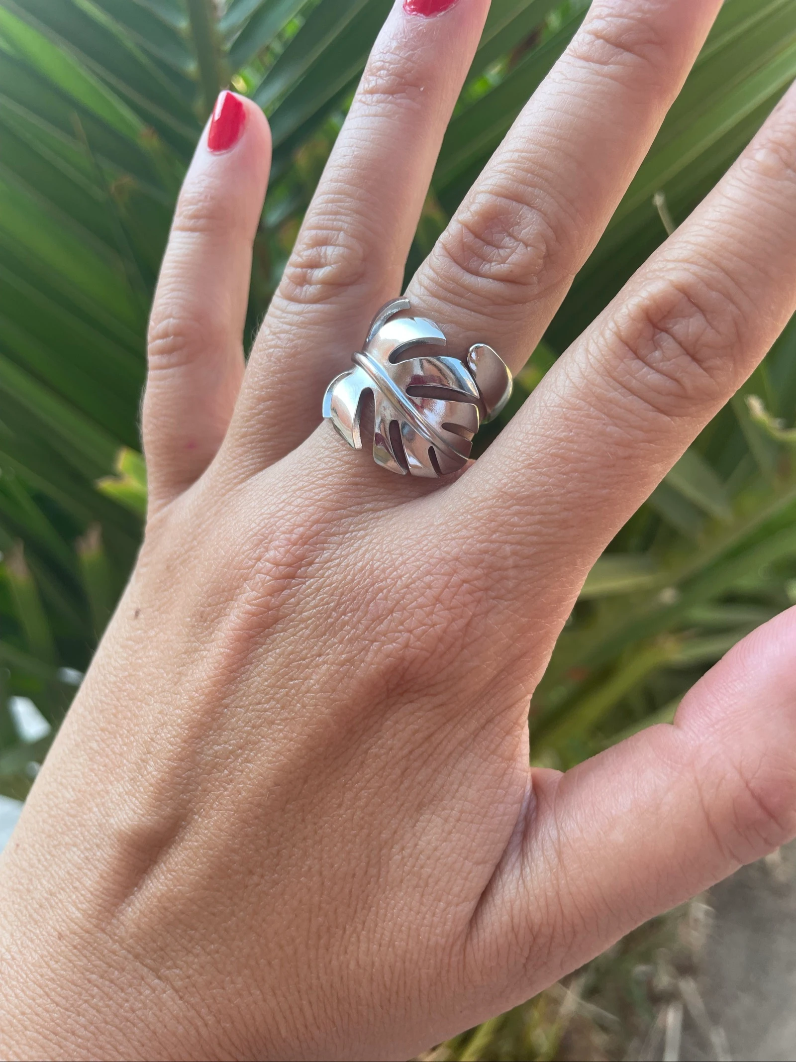 Anillo acero inoxidable plateado hoja – photo 2